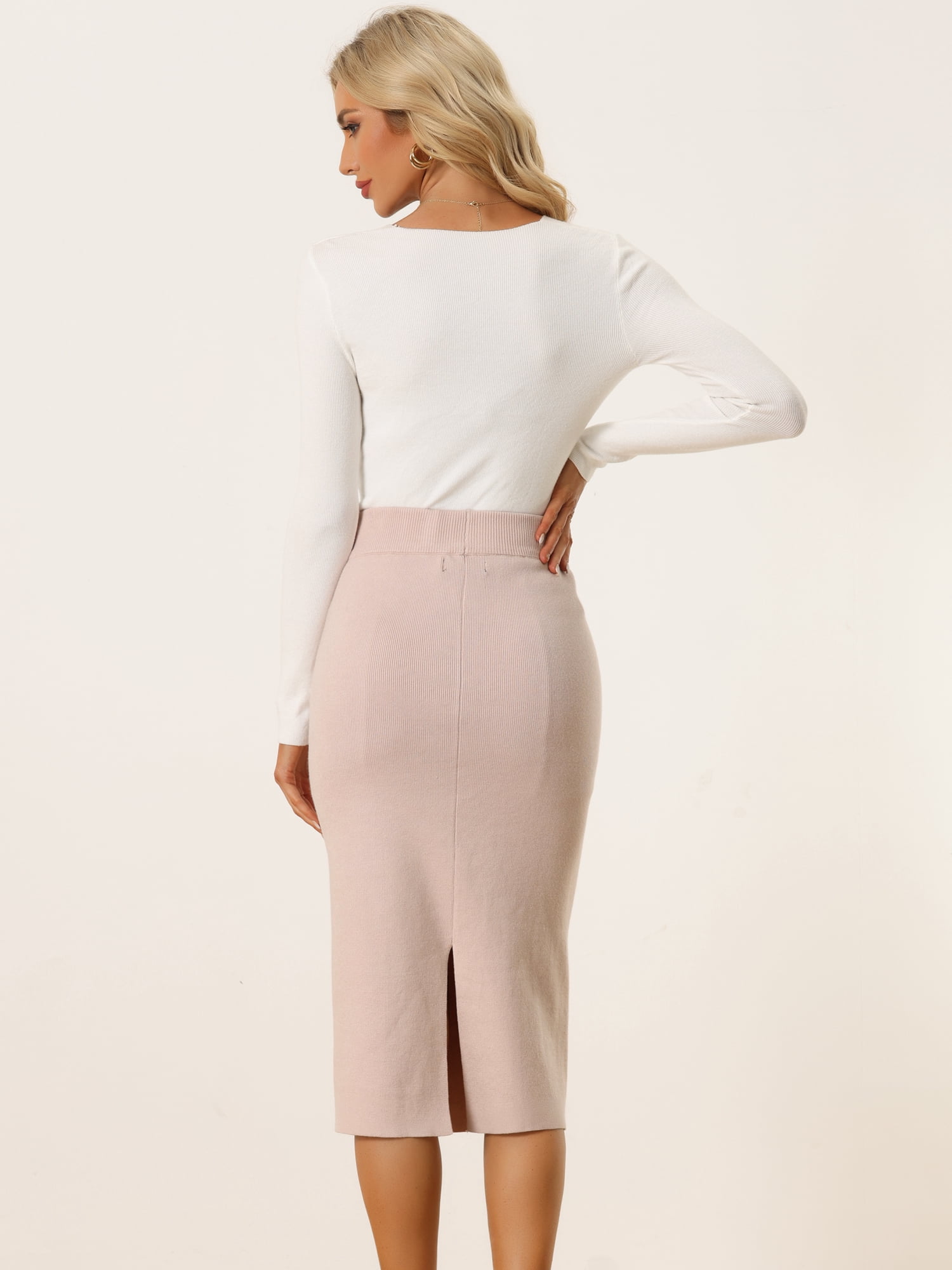 DARING DIVA Women's Ribbed Knit Stretchy Slit Midi Skirt M Apricot
