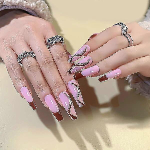24 Pcs Press-on Nails Long Coffin Swirl Fake Nails With Design French Nail Tips Glossy False Nails