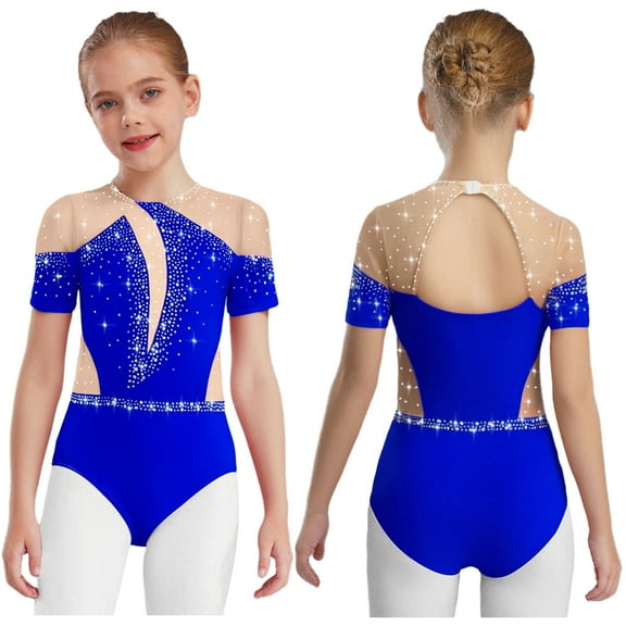 Sholeno Kids Girls Figure Skating Dance Leotard Short Sleeve Cutout Back Rhinestones Bodysuit Dancewear Blue 6