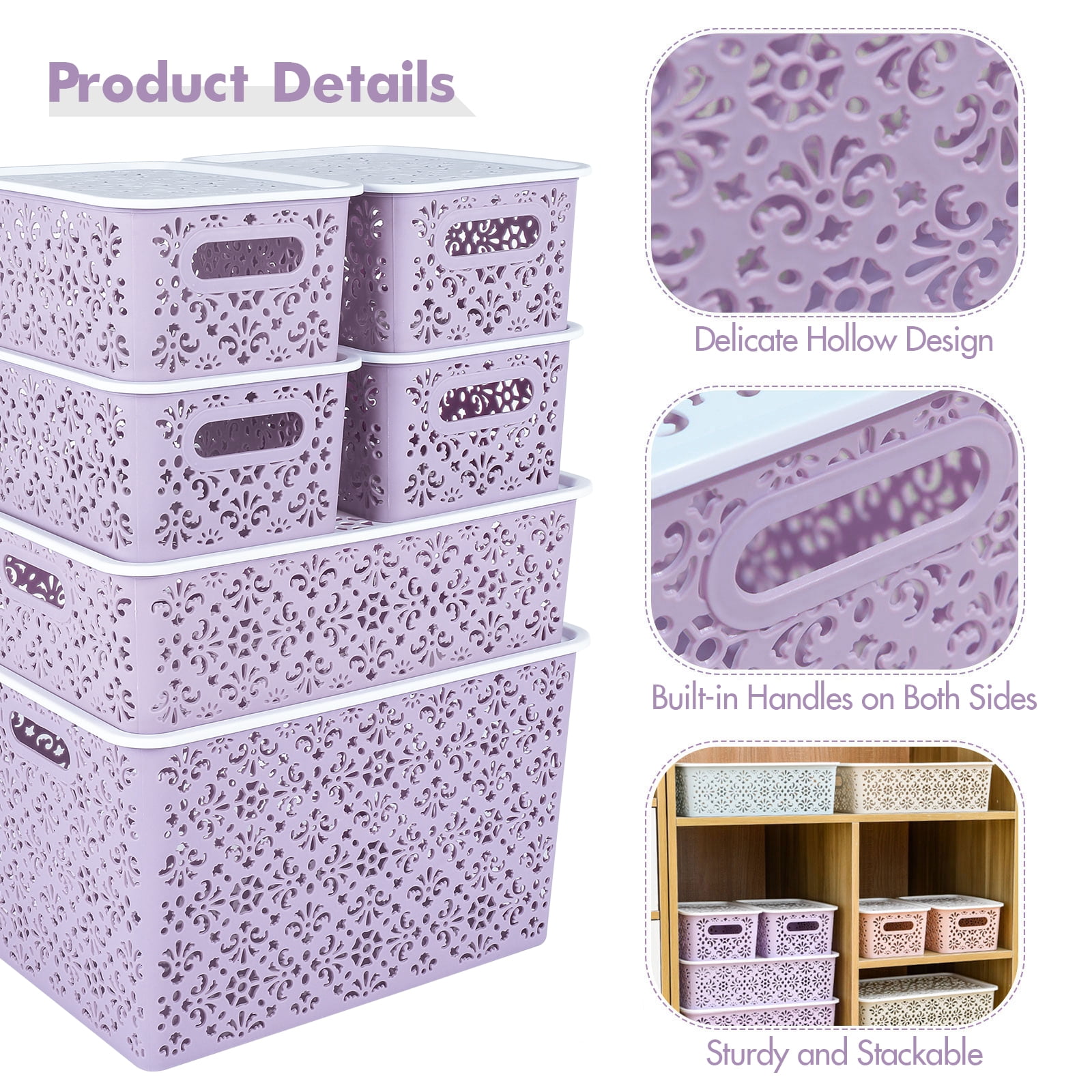 ANMINY Stackable Lace-Design Storage Bins, Purple, 6 Count Pack