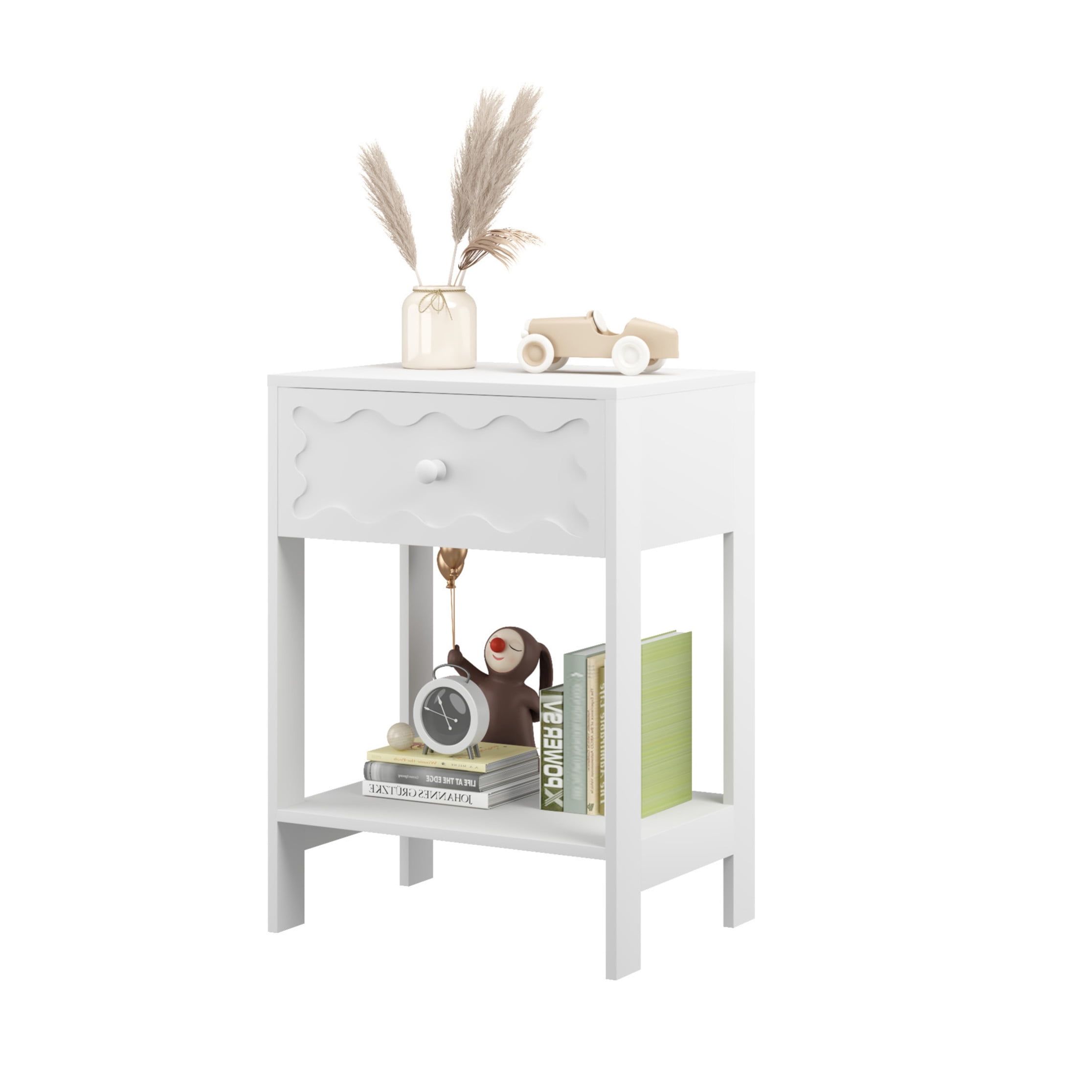 Noble House Modern Nightstand with Wave Pattern Drawer, Bedside Table with Solid Wood Frame, Bedroom, White