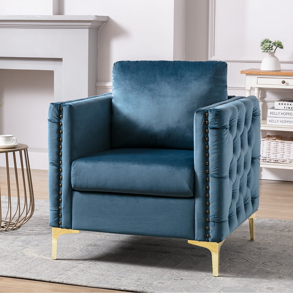 Private Jungle Velvet Armchair Tufted Button Accent Chair Club Chair with Steel Legs for Living Room Bedroom，Teal