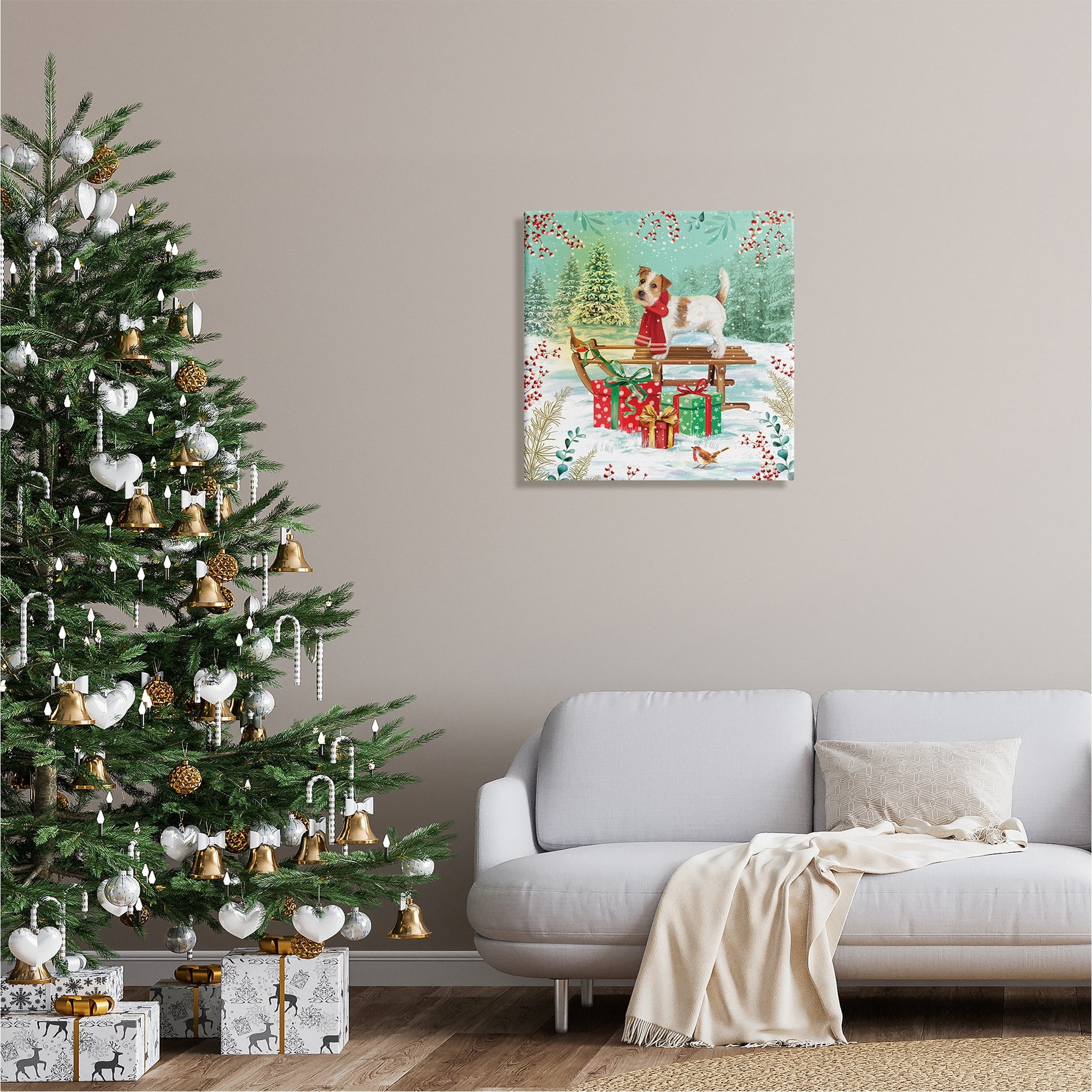 Stupell Industries Puppy On Sled Christmas Gifts Holiday Painting Gallery Wrapped Canvas Print Wall Art
