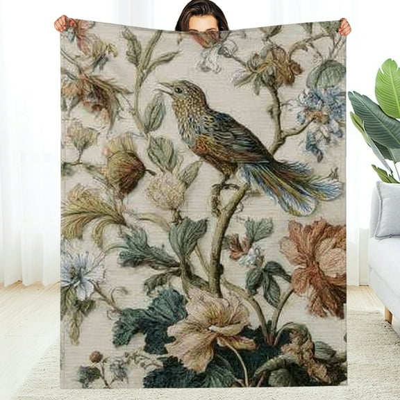 Creowell Bird Flowers Baroque Fuzzy Flannel Blanket, Cozy Multi-Purpose 30*40in