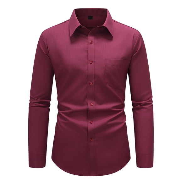 Felirenzacia Men's Dress Shirt, Classic Solid Chest Pocket Long Sleeve Shirt for Work,Wine,S