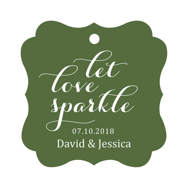 Darling Souvenir Custom Let Love Sparkle Wedding Hang Tags Personalized Fancy Frame Paper Tags -Olive Green-50 Tags