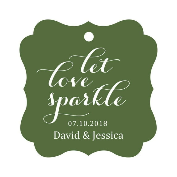 Darling Souvenir Custom Let Love Sparkle Wedding Hang Tags Personalized Fancy Frame Paper Tags -Olive Green-50 Tags