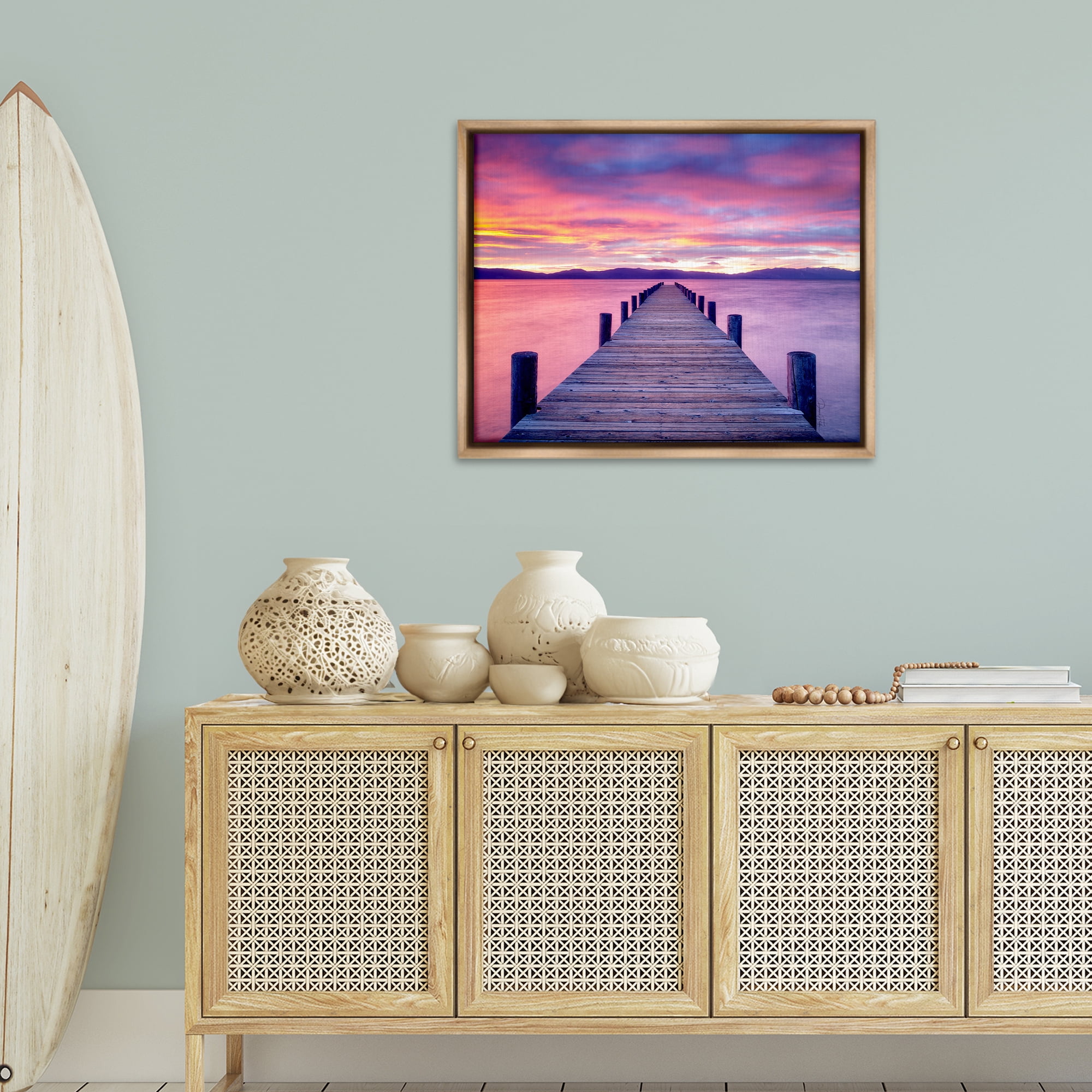 Stupell Industries Purple Sunset Dock Landscape Photography Brown Floater Framed Canvas Art Print Wall Art, 31 x 25