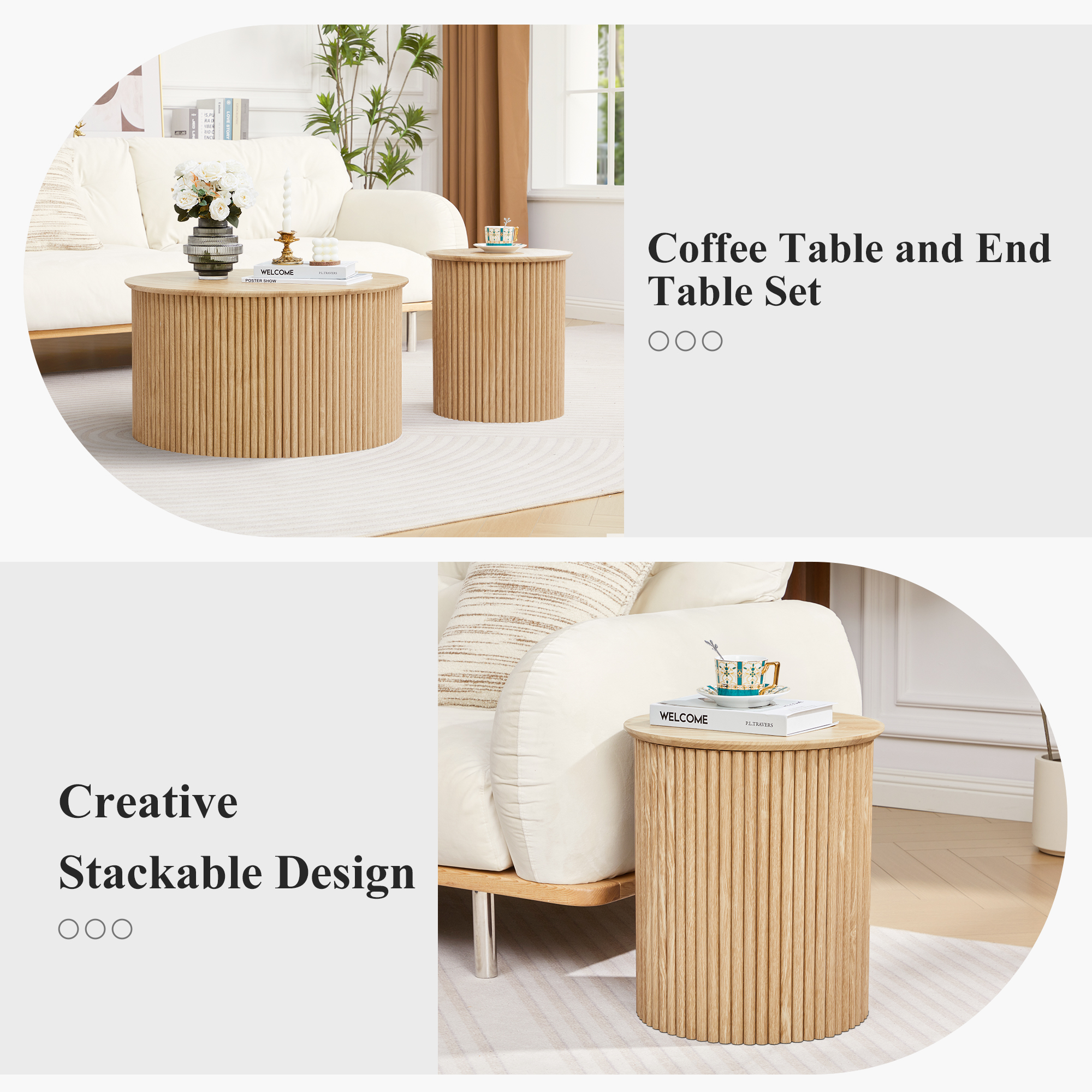 Wirrytor Round Coffee Table Sets 2 Pieces, Wood Fluted Coffee Table with Storage, for Living Room Bedroom, Apartment(Nature)