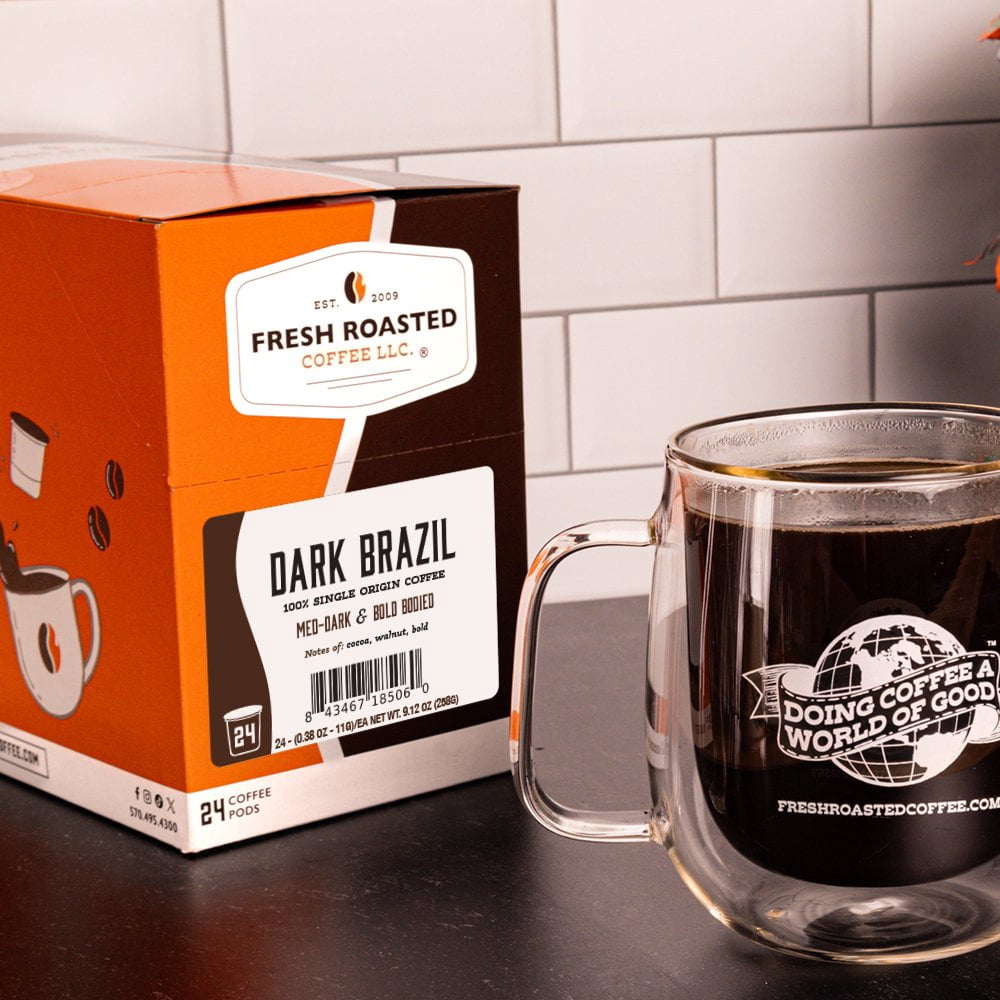 Fresh Roasted Coffee, Dark Brazil Coffee Pods, Medium-Dark Roast, K-cup Compatible, 72 Count