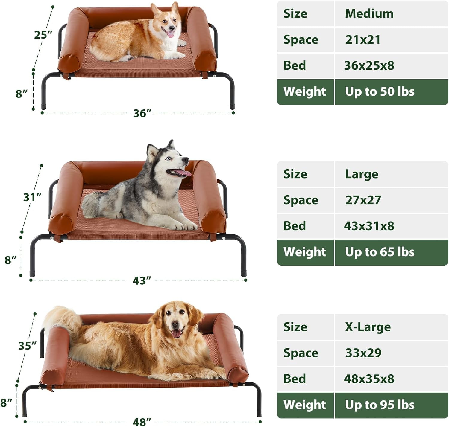 Large Elevated Cooling Dog Bed, Breathable Mesh, Metal Frame, 36x26x8 inches, 75 lbs Capacity, Caramel