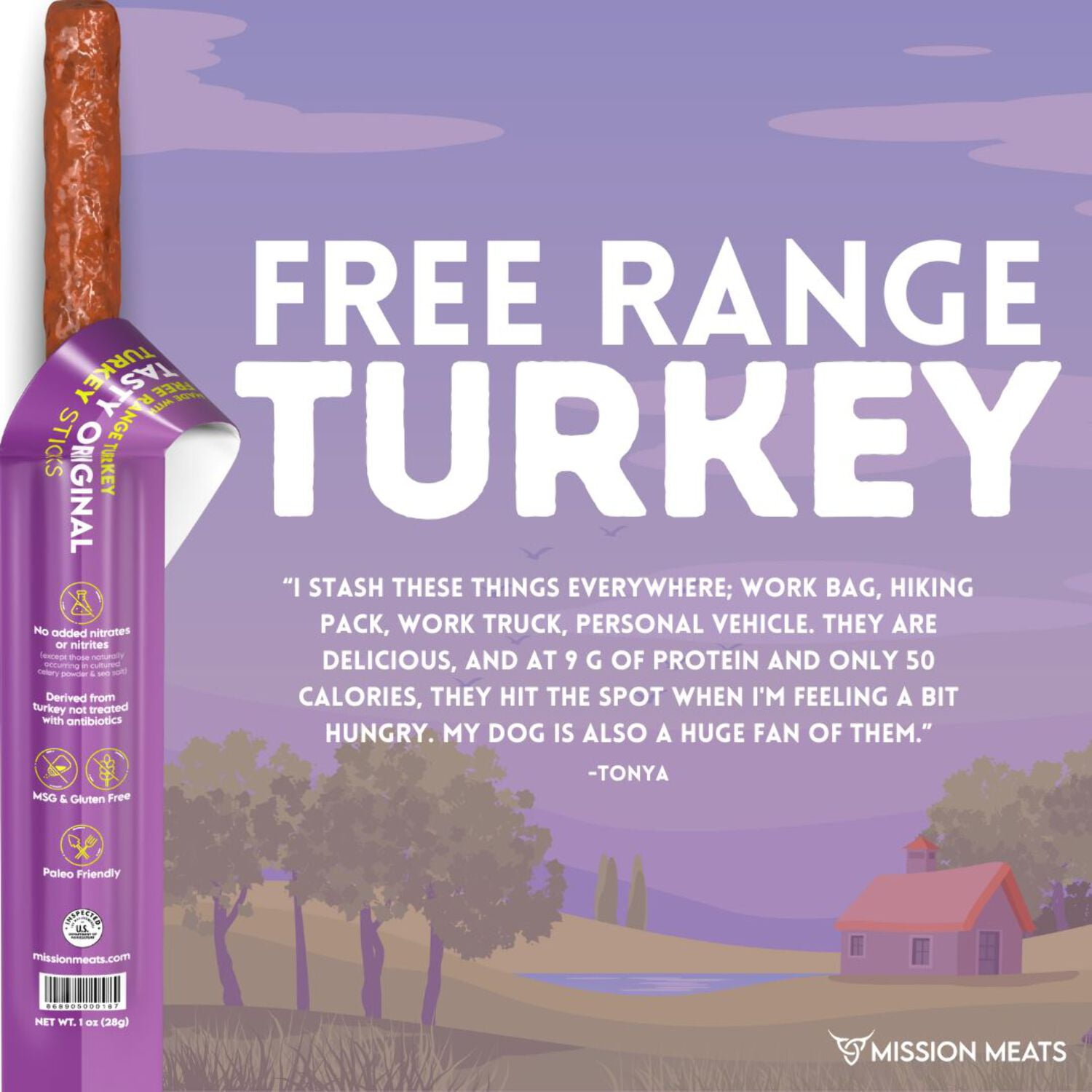 Mission Meats Turkey Sticks, 100% Free Range Turkey Jerky, Zero Sugar, Delicious Healthy Snacks, 9g Protein, Individually Wrapped, Gluten Free, Original 1oz (12ct)