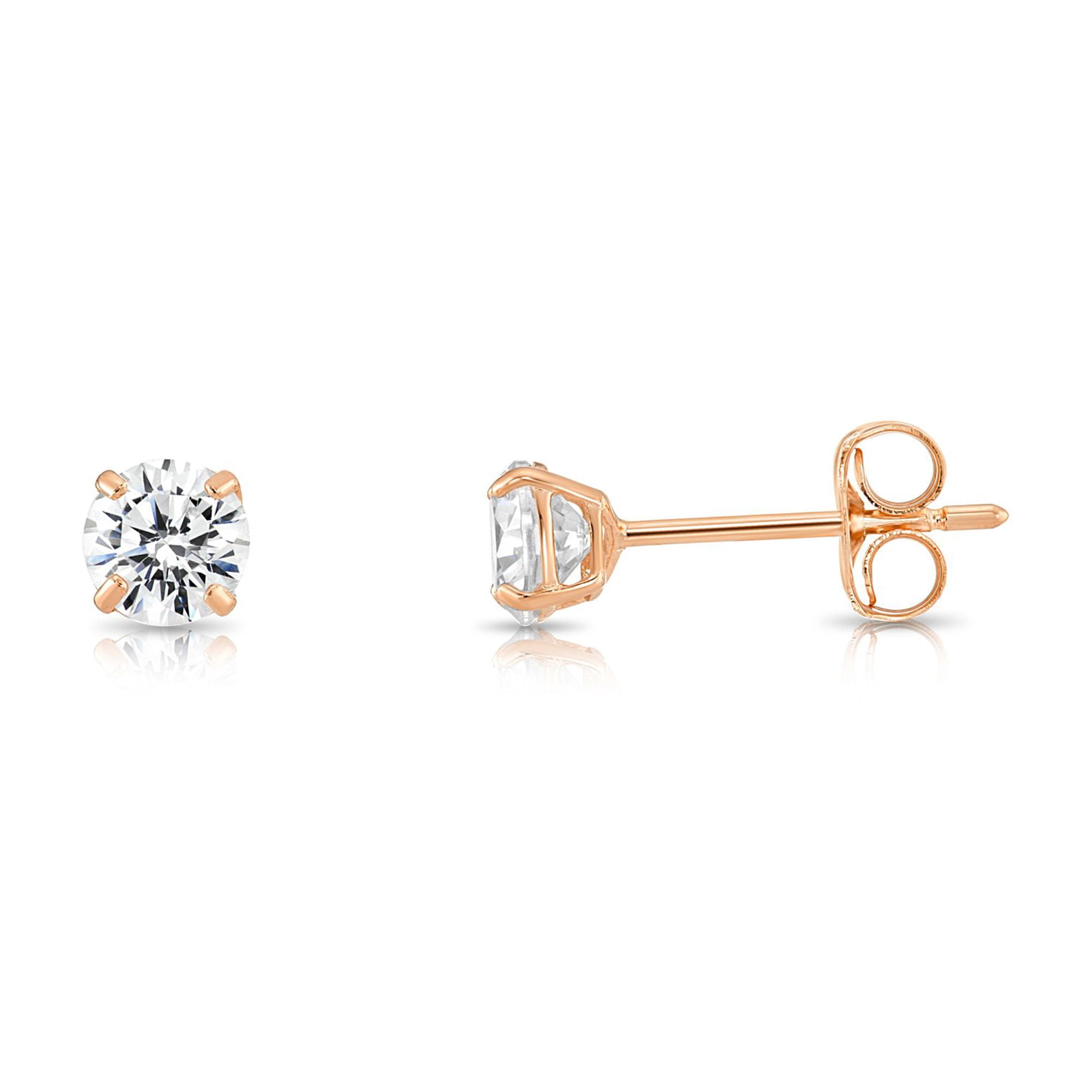 Tilo Jewelry 14K Rose Gold Solitaire Round CZ Stud Post Earrings with Secure Push-backs | 4mm | Classic Everyday Earrings | Women, Men, Unisex