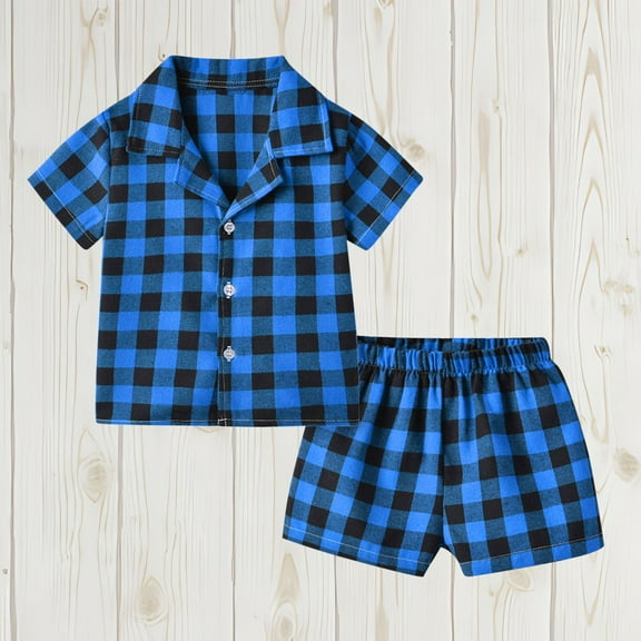 Cotton Pajama Sets for Boys 2 Piece Loungewear Outfits 6M-8Y Toddlers Kids Lightweight Plaid Short Sleeve Shirts and Shorts Homewear Set