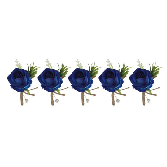 Blue Artificial Flower Boutonnieres, Set of 5, Perfect for Groom & Bride - Plastic, Pin-Fixed Wedding Corsages
