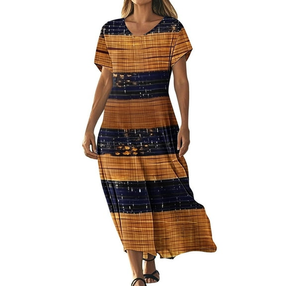 asdoklhq Mumu Dresses for Women Fashionable Printed Short Sleeved V-neck Dress Long Skirt Brown S