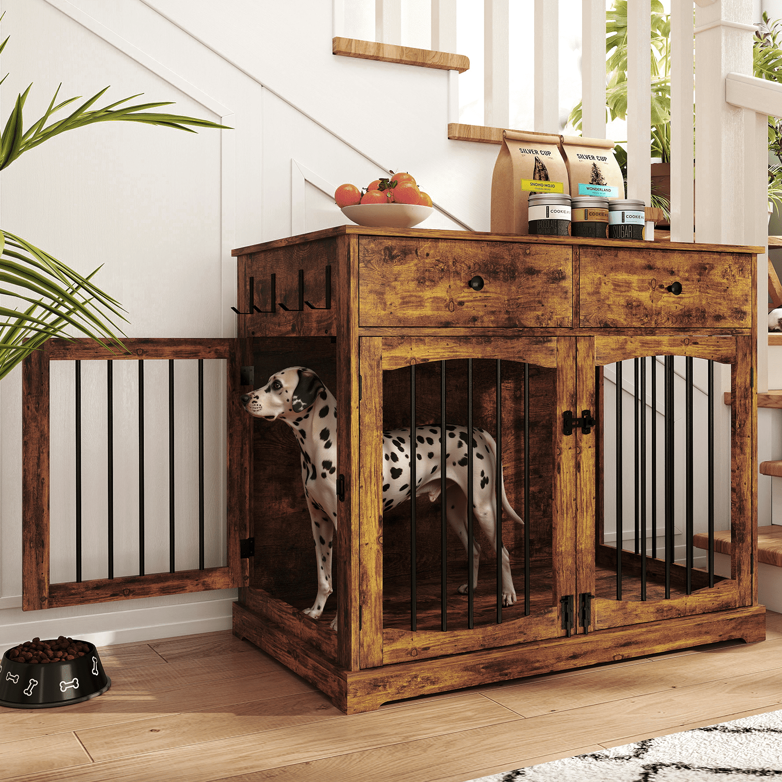 Flictozena 40 Inch Dog Crate Furniture - House Style Wooden Pet Kennel with 2 Doors for Indoor Large Dogs, Brown