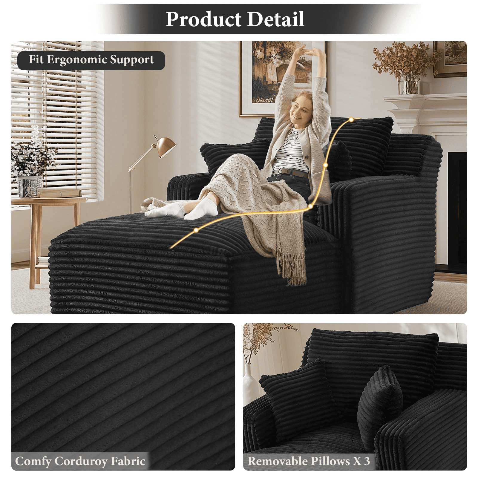 GNIXUU 65.4" Oversized Chaise Lounge Chair Indoor, Modern Corduroy Couch, Comfy Upholstered Boneless Sleeper Sofa with 3 Throw Pillows, Fluffy Reading Chairs Bed for Living Room,Black