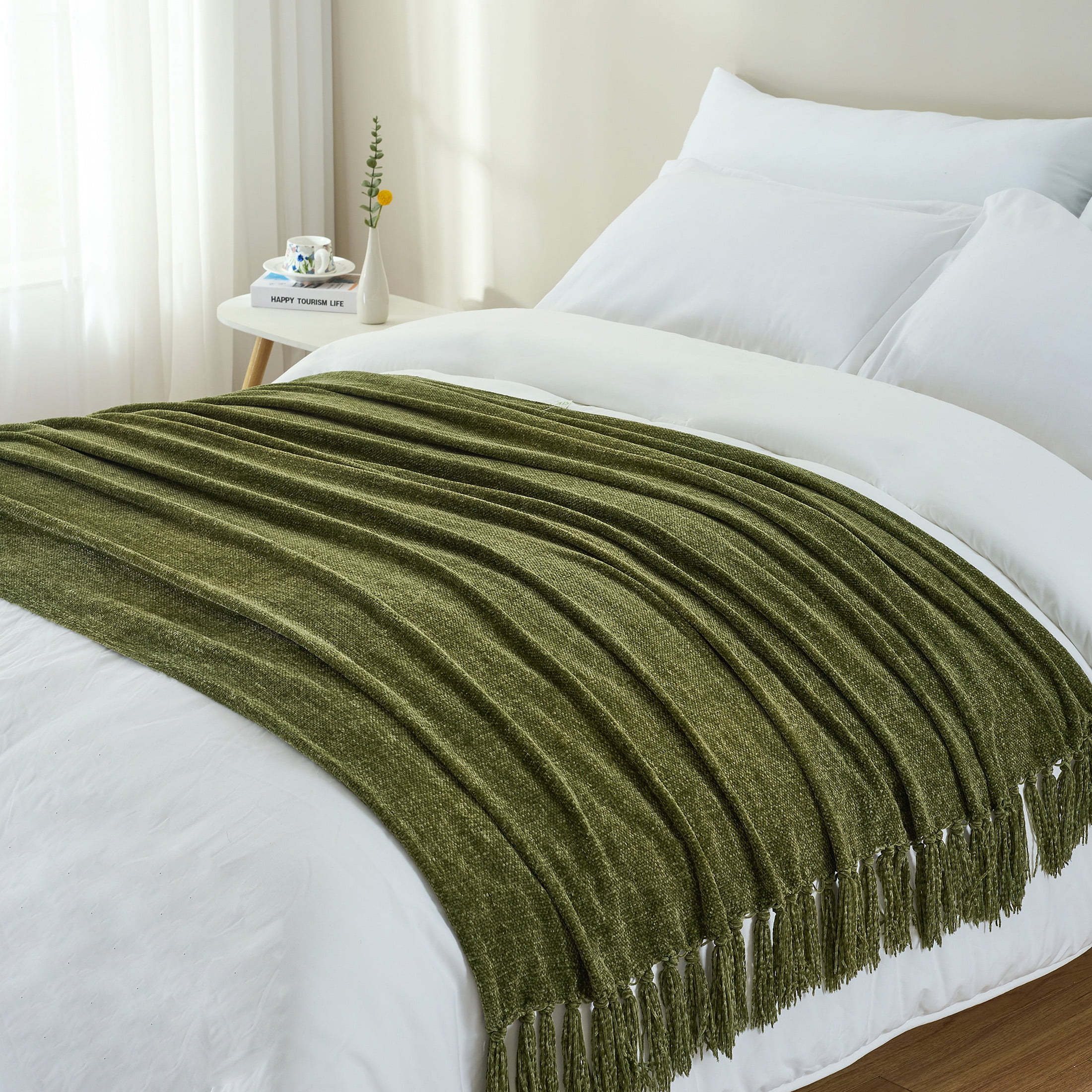 LONG CREATE Chenille Throw Blanket with Fringe Tassel for Couch Sofa Chair Bed, Olive Green 50" x 60"
