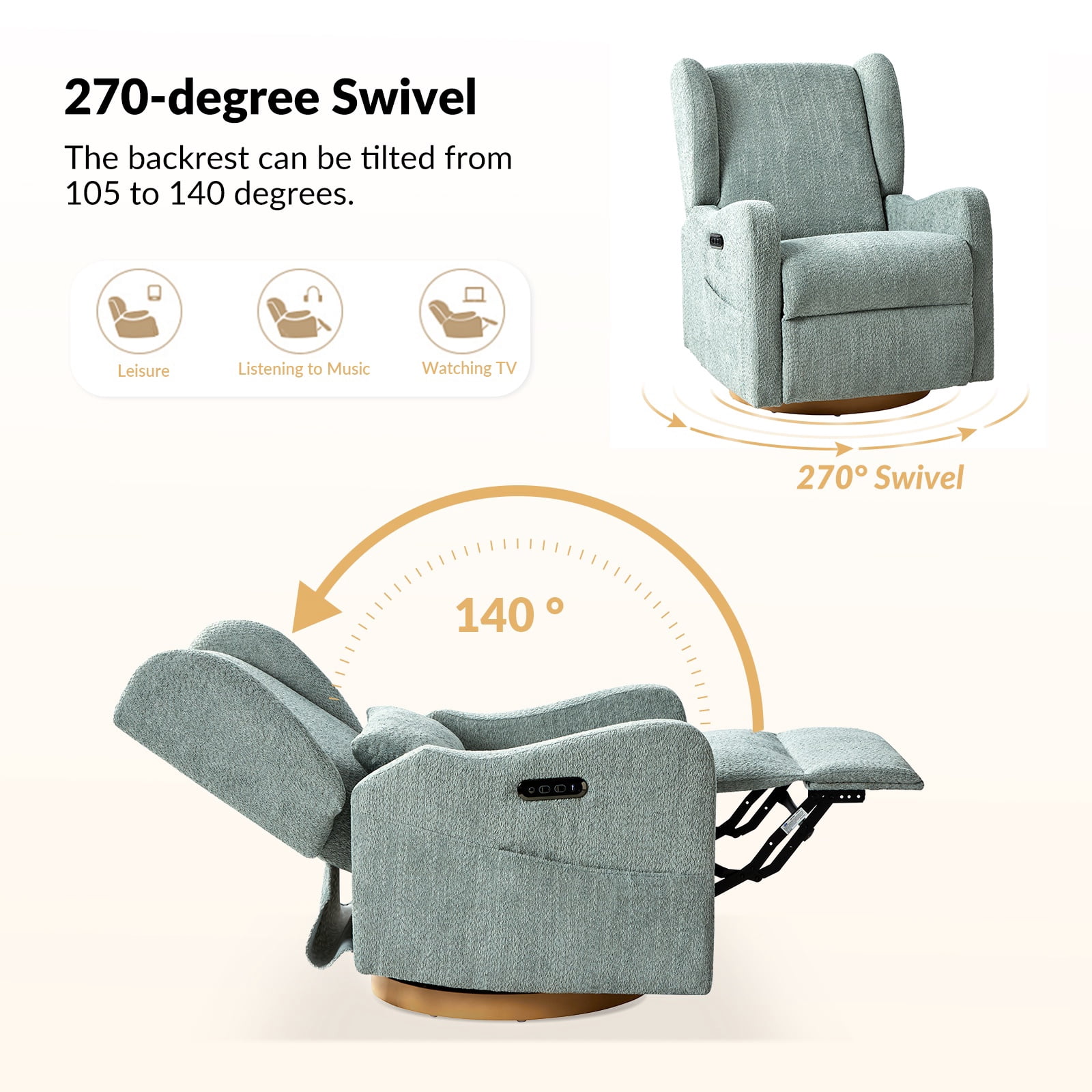 Tina's Home Electric Power Glider Swivel Nursery Recliner Chair Wingback with USB, Waterproof Stain-resistant for Baby Feeding & Living Room Sage