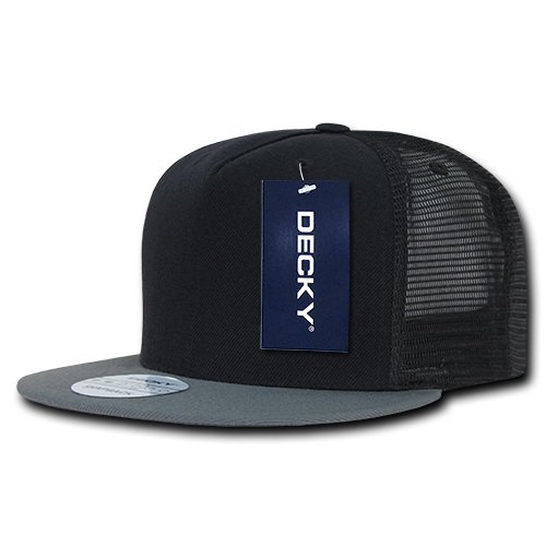 Decky 1063-BLKDGRY 5 Panel Flat Bill Trucker Hat, Blacked Grey