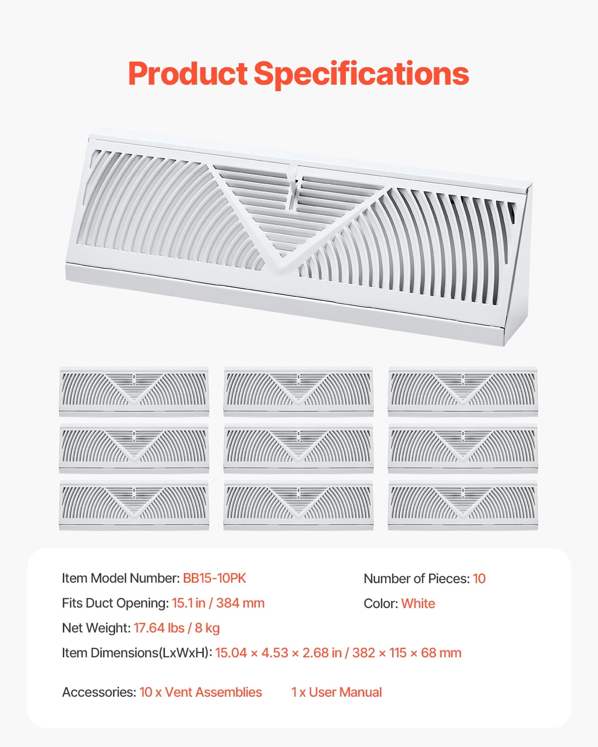 VEVOR 15-Inch Floor Registers,10-Pack Baseboard Registers, HVAC Heavy-Duty Walkable Iron Floor Vents, Rustproof Anti-Peeling Air Vents Deflector Adjustable with Metal Damper for Home & Office,White