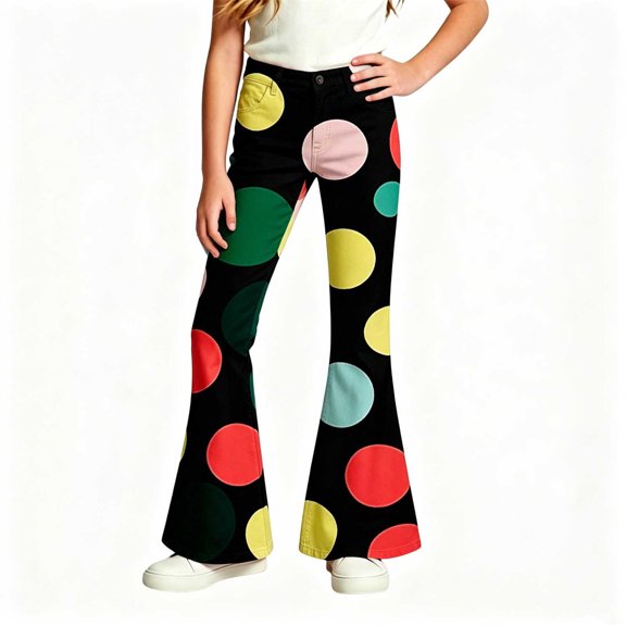 Kiijoy Girls Polka Dot Flare Pants Casual Fit Bootcut Pants Trousers, Sizes 5-6