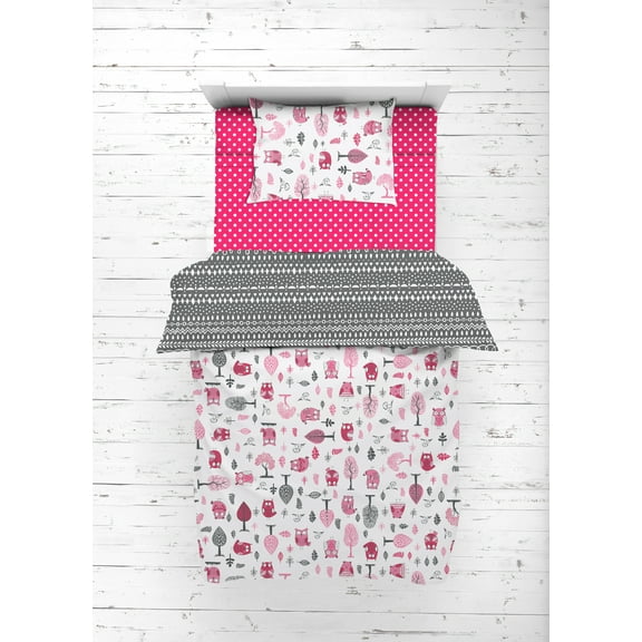Bacati - Owls Pink/Grey Girls Cotton 4 pc Toddler Bedding Set