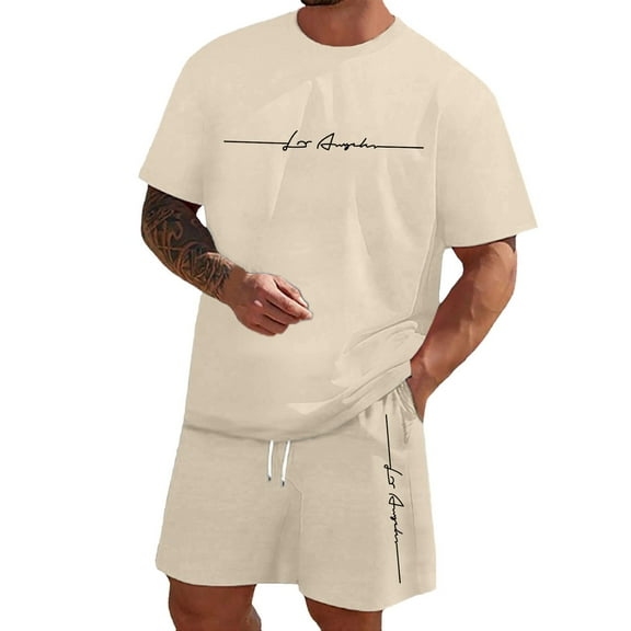 Tiweut Men's Short Sets Male Letter Print Short Sleeve Crew Neck T Shirt Shorts Two Piece Loose Fit Man's Clothes Suit Beige,L