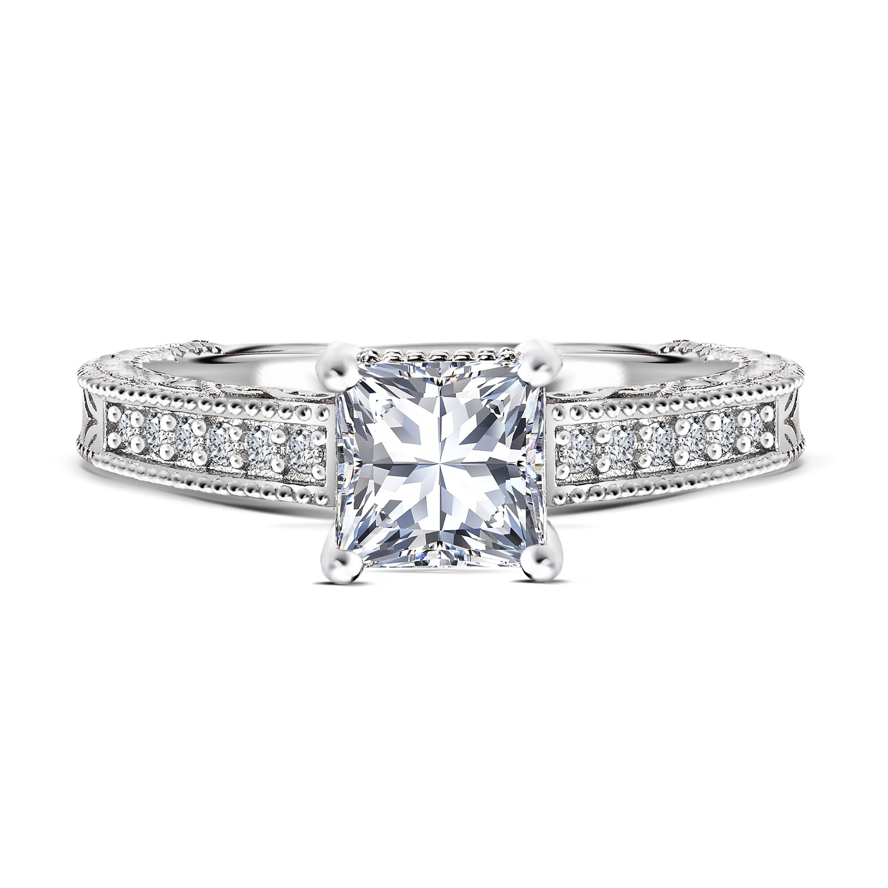 JeenMata 2.25 Carat Princess Cut - Milgrain Border - Victorian Pave Engagement Ring - 18K White Gold Plating over Silver