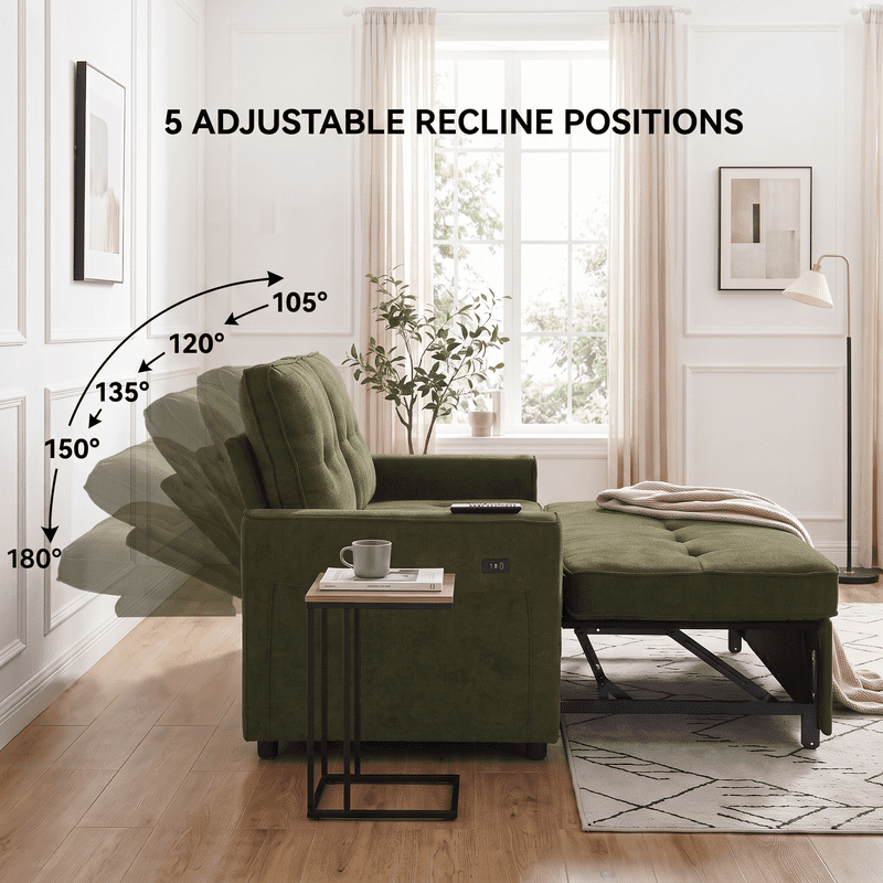 Gewnee 53" Sofa Bed, 3 in 1 Convertible Loveseat Sleeper Sofa, Pull Out Couch with USB Port, Futon Sofa Bed with Storage Pockets for Small Spaces, Teddy Fabric,Green