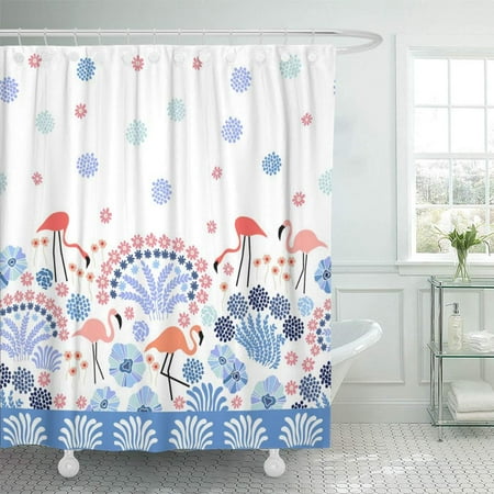 - PKNMT Blue 50S Fantasy Landscape Border with Flamingo and Tropical Plants Pink 60S Abstract Birds Blossom Boho Waterproof Bathroom Shower Curtains Set 66x72 inch