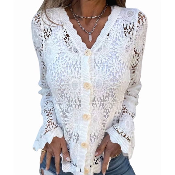 Women Cardigan Crochet Sweater Hollow Out Button Front V Neck Long Sleeve Knit Crop Sweater Top White M