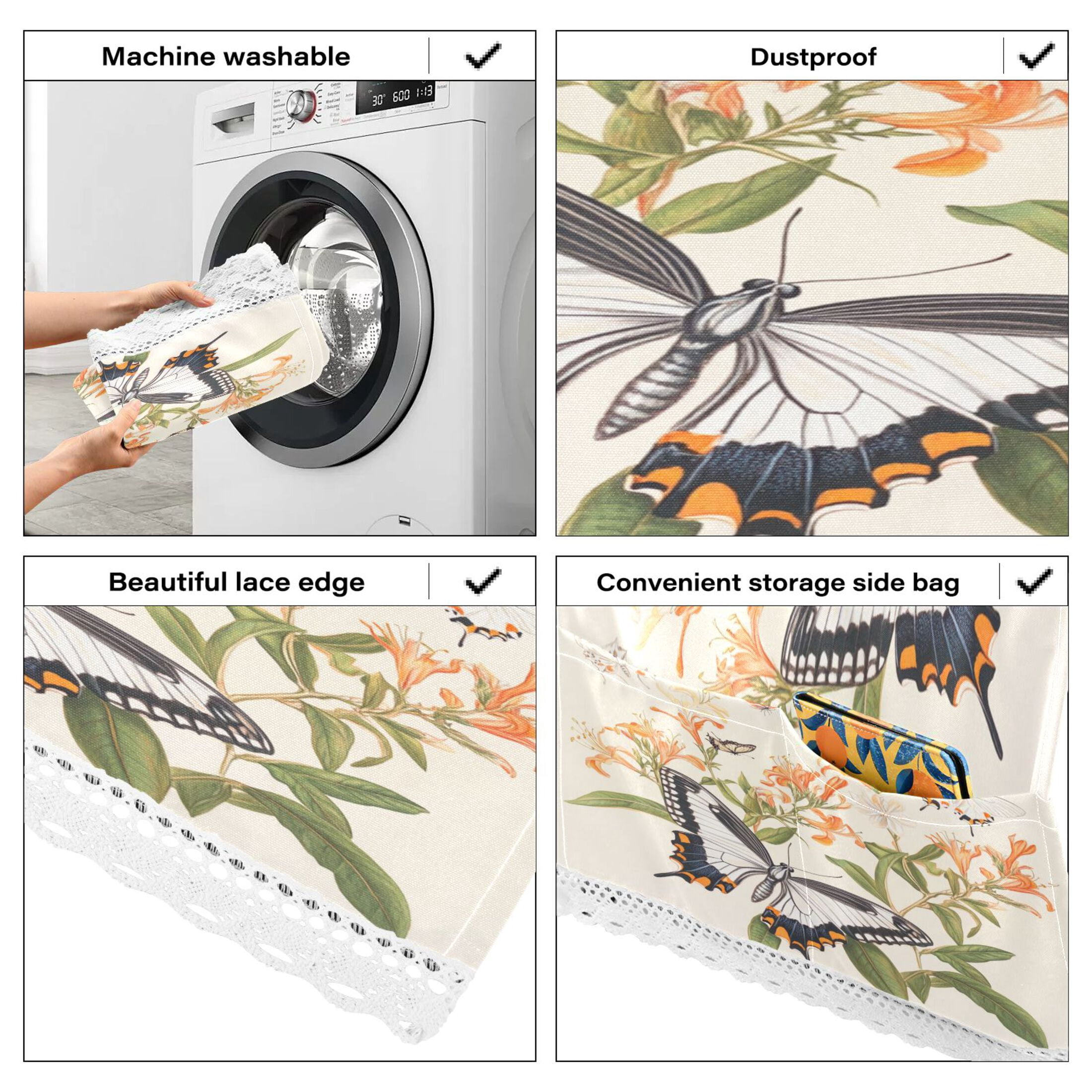 Various ButterfliesWasher and Dryer Covers Dust-Proof and Oil Resistant Fridge Cover with 4 Storage Pockets Washing Machine Top Cover for Laundry Kitchen Home 51.2 x 22 In
