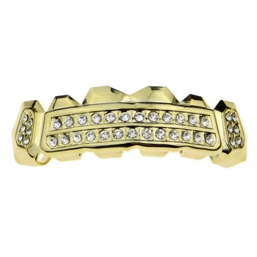 18K Gold Plated Hip Hop Teeth Grillz Set – Custom Top & Bottom Diamond Grill Mouthpiece