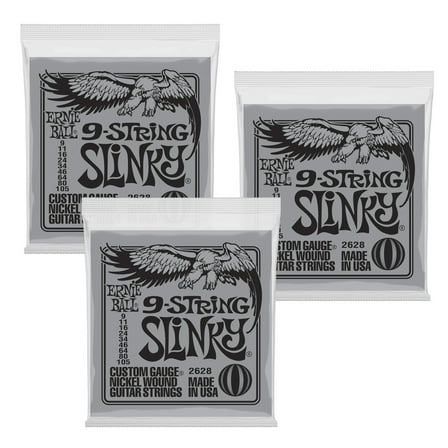 3 PACK Ernie Ball 2628 9-String Slinky Nickel Wound Electric Guitar Strings (9 - 105)