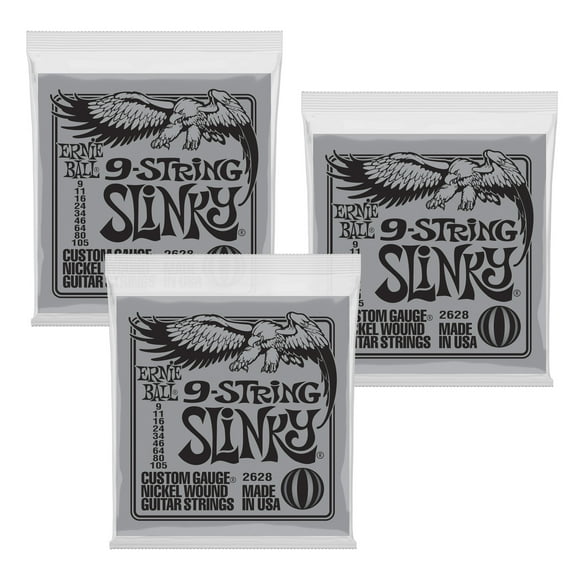 3 PACK Ernie Ball 2628 9-String Slinky Nickel Wound Electric Guitar Strings (9 - 105)