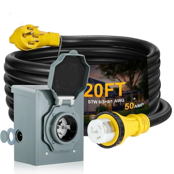SPEEDWOW 20 FT 50 Amp RV Extension Cord, 125/250V Heavy Duty Extension Cord with Generator Inlet Box, 6/3 8/1 Gauge STW ETL Listed, NEMA 14-50P to SS2-50R, Waterproof Power Cord for RV Outdoor Home