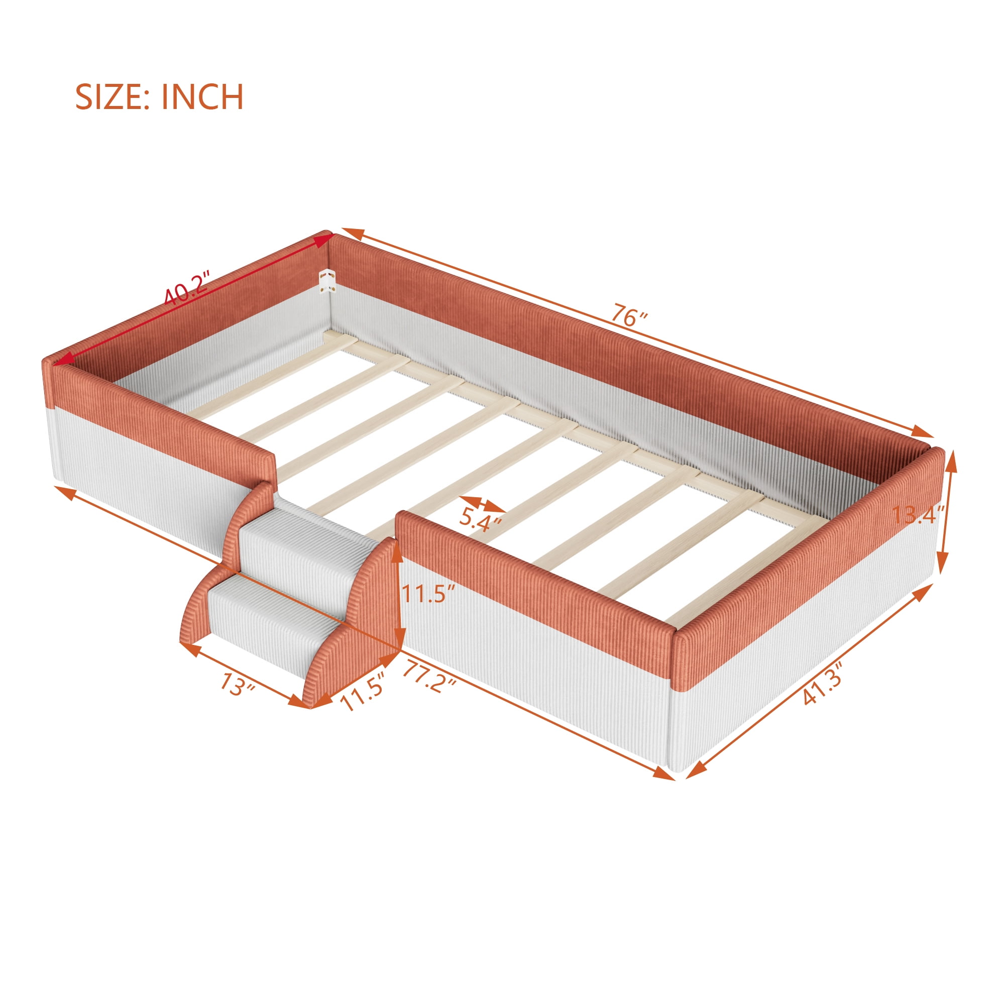 Howcool Twin Size Corduroy Upholstered Floor Bed with Fence and Smart LED Lights,2-Tier Steps Platform Bed Frame,Brown+White