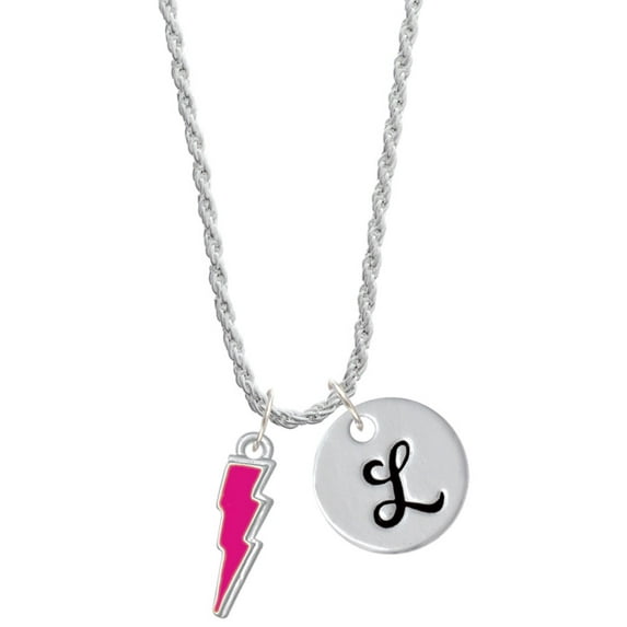 Delight Jewelry Silvertone Hot Pink Lightning Bolt Silvertone Script Initial Disc - L - Charm Necklace, 20"+3"