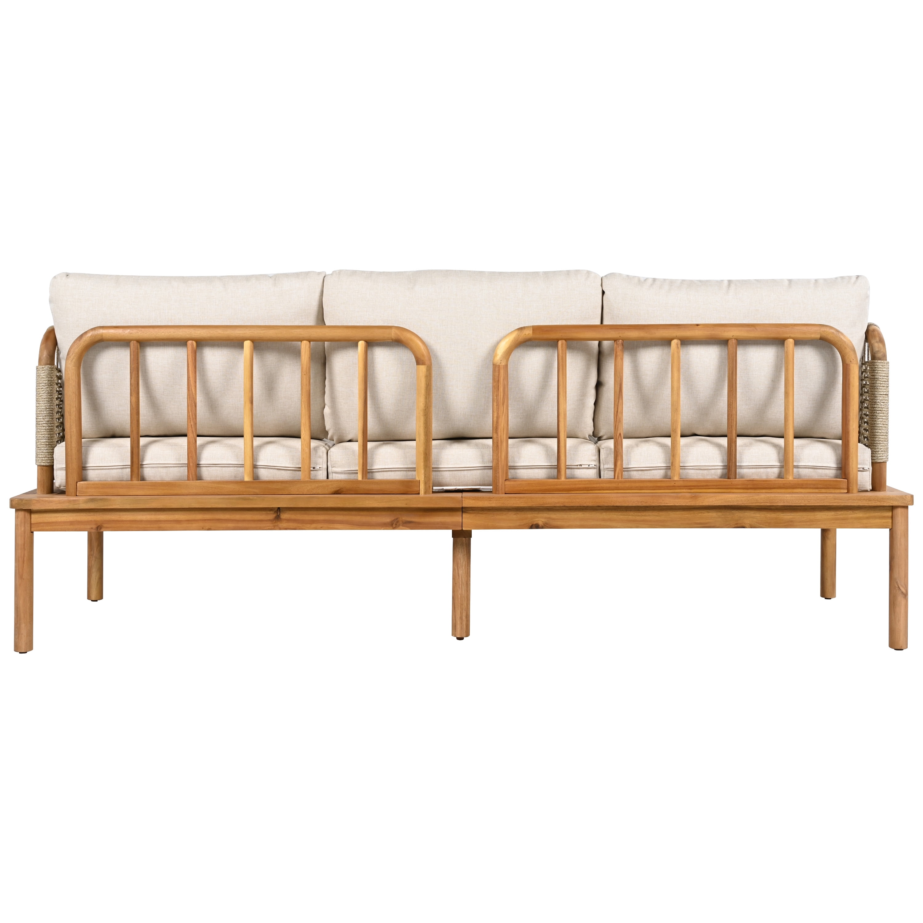 Outdoor 3-Piece Acacia Wood & Rope Patio Sofa Set, Conversation Seating with Ottoman & Coffee Table for Garden Backyard Deck, Teak+Beige