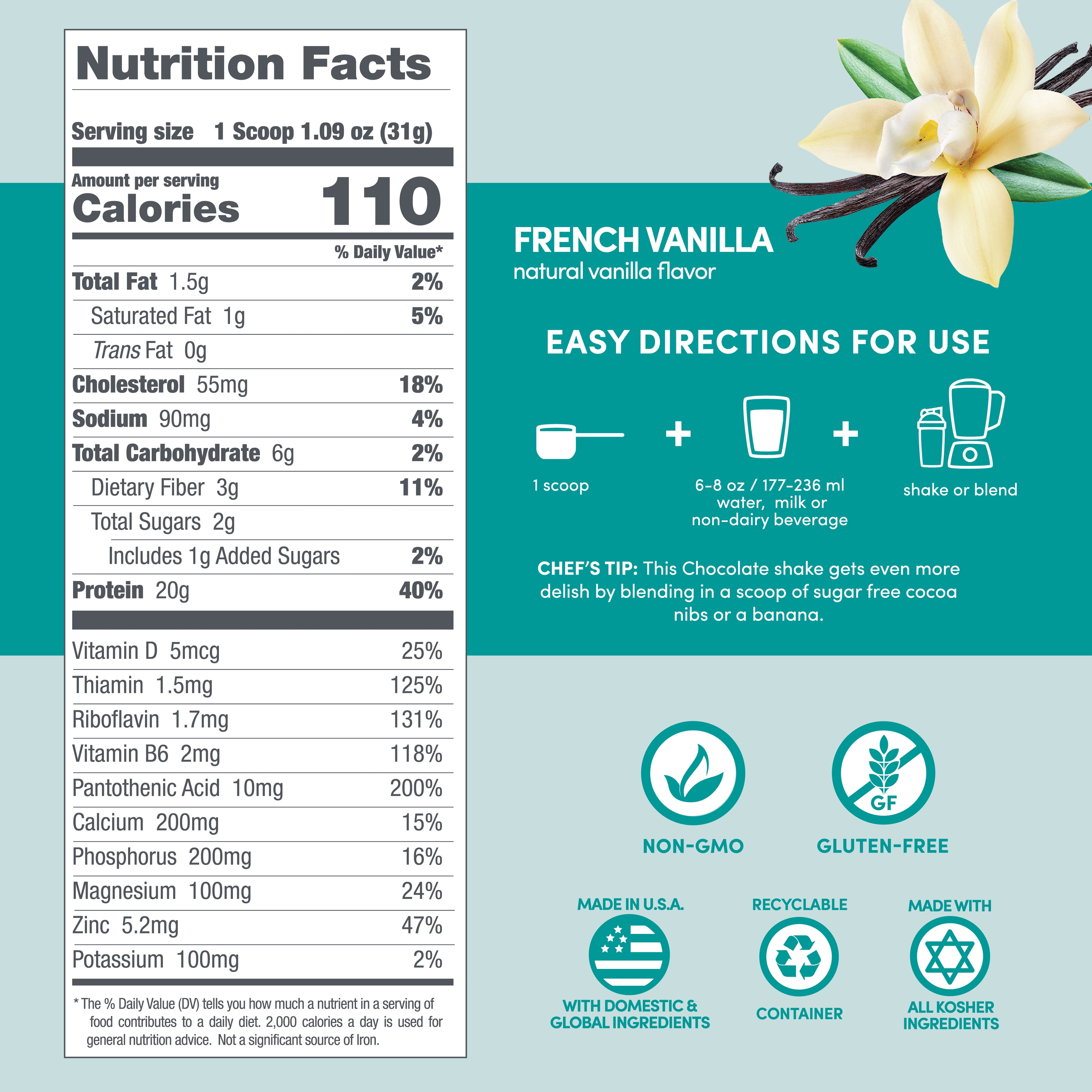 Designer Wellness, Designer Whey, Natural 100% Whey Protein Powder with Probiotics, Fiber, and Key B-Vitamins for Energy, Gluten-free, Non-GMO, French Vanilla, 2 lb