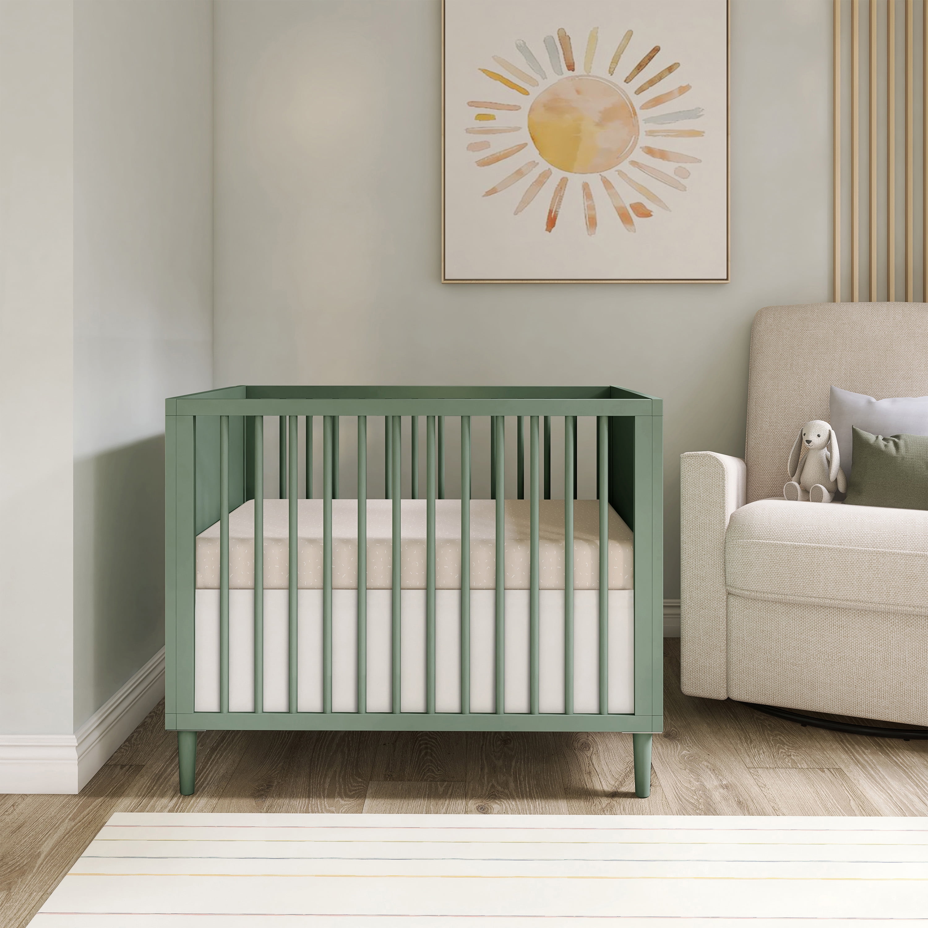 Dream On Me Lucas Mini Modern Crib With Rounded Spindles I Convertible Crib I Mid- Century Meets Modern I Portable Crib, Meadow Green