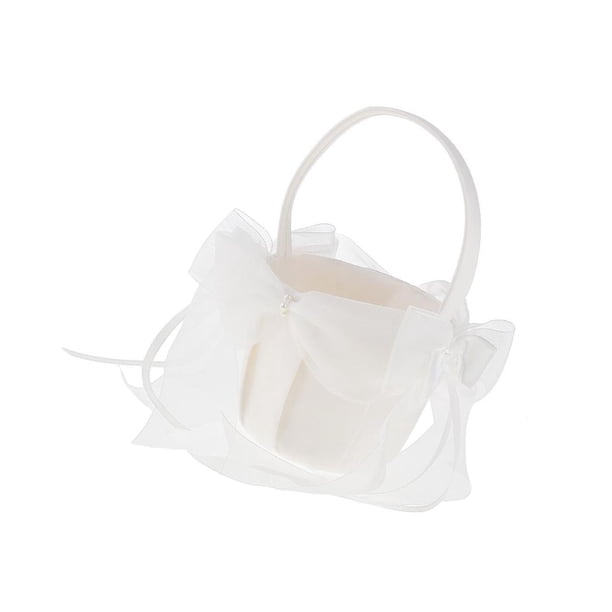 Bearachild Exquisita canasta para niña de flores de satén beige con una impresionante estética de boda con lazo de tul Kits de decoración para fiestas