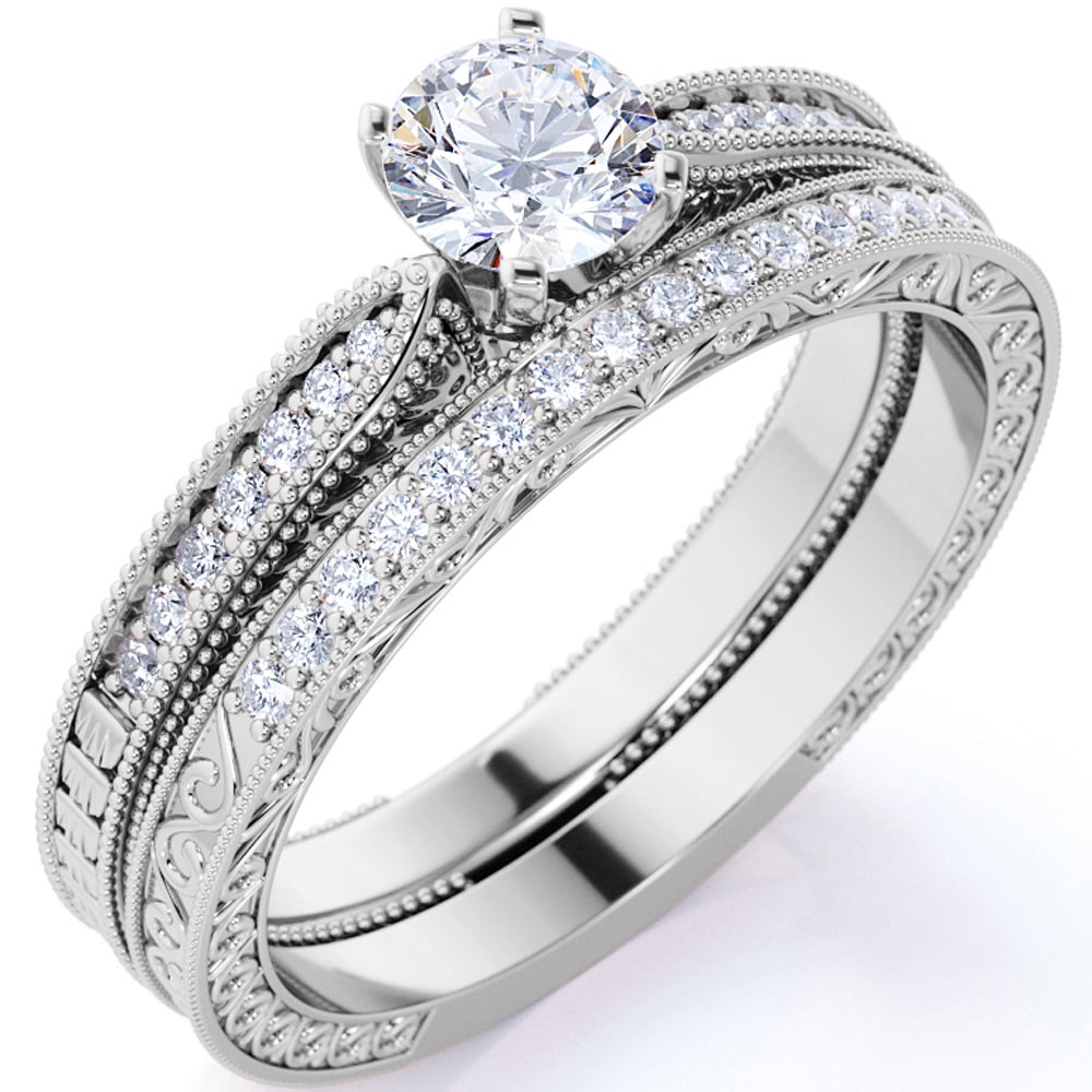 JeenMata .83 ct Round Real Moissanite - Vintage - Milgrain - Edwardian Wedding Ring Set - 18K White Gold over Silver