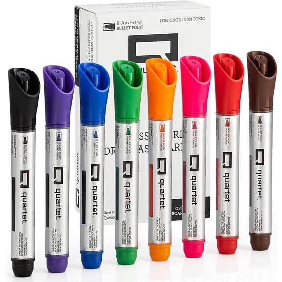 Quartet Dry Erase Markers, Glass Whiteboard Markers, Bullet Tip, White Board Dry Erase Pens, Assorted Colors, 8 Pack (Q120000GBA)