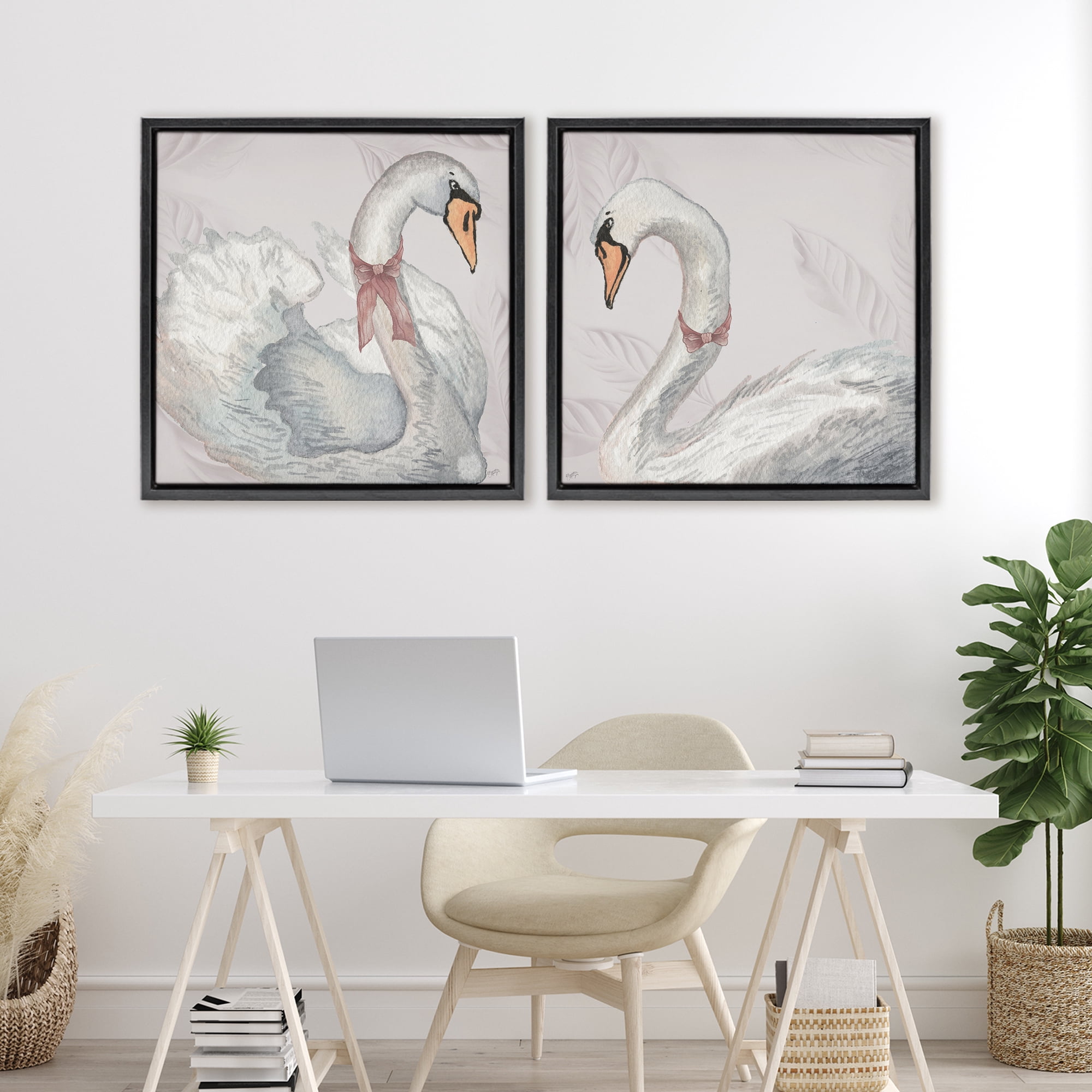 Stupell Industries Classic & Elegant Swans 2 Piece Black Framed Floater Canvas Set, design by Elizabeth Medley