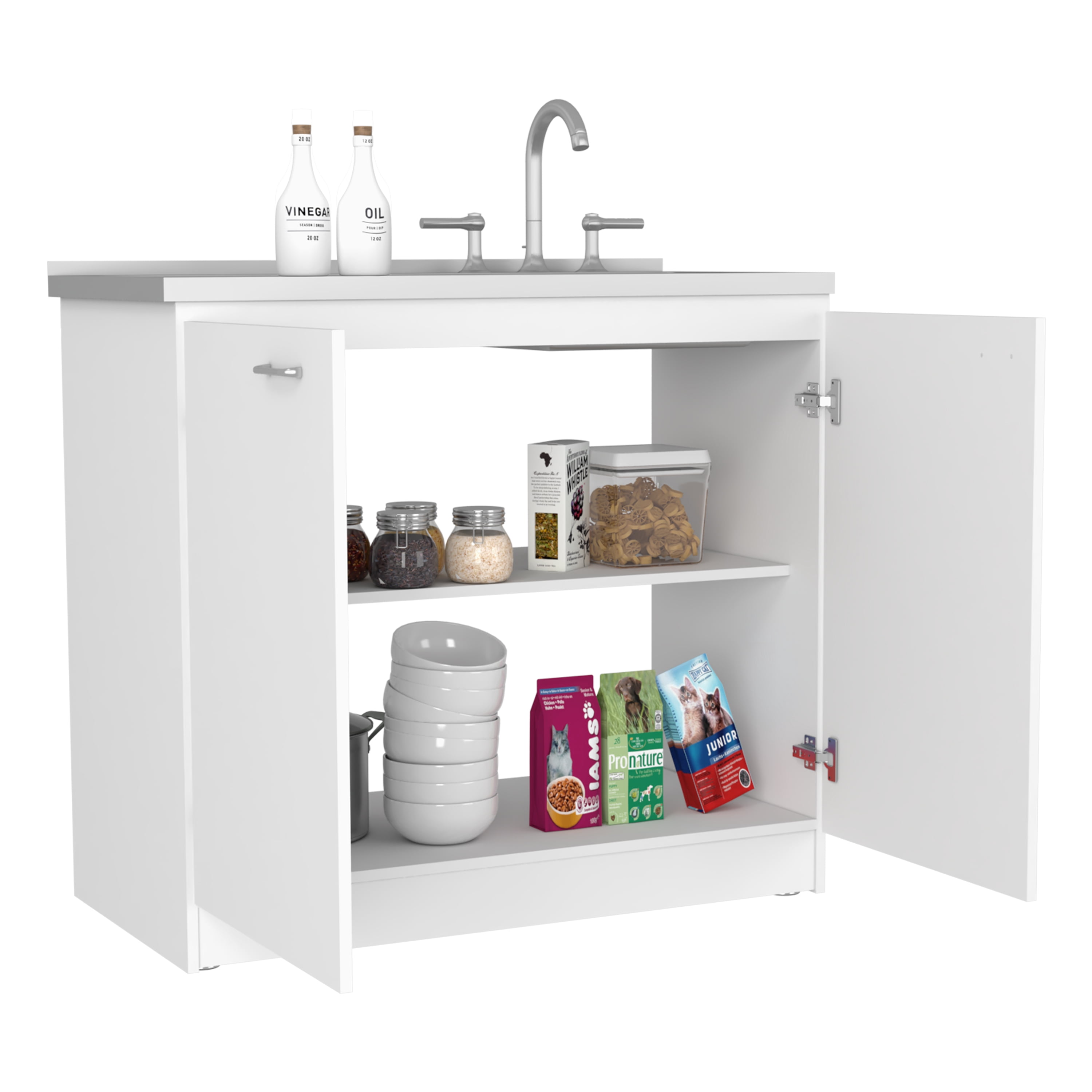 Rainlex Napoles 39" White Utility Sink Cabinet with Stainless Steel Basin, Double Doors & Shelf Storage – Freestanding Cabinet