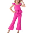 thumbnail image 2 of Maqroz Girls Outfits Sets 2 Pieces Ruffle Sleeves Square Neck Top Elastic Waist Flare Leg Pants Cute Lightweight Spring Summer Outfit Size 5-14Y, 2 of 7