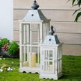 thumbnail image 4 of Gzxs Farmhouse Wood Lanterns Set of 2, 27.4" & 18.3" H Ivory White Decorative Candle Holders with Glass Shade & Metal Top, Hanging Lanterns for Garden Patio Wedding Parties (No Candles), 4 of 9
